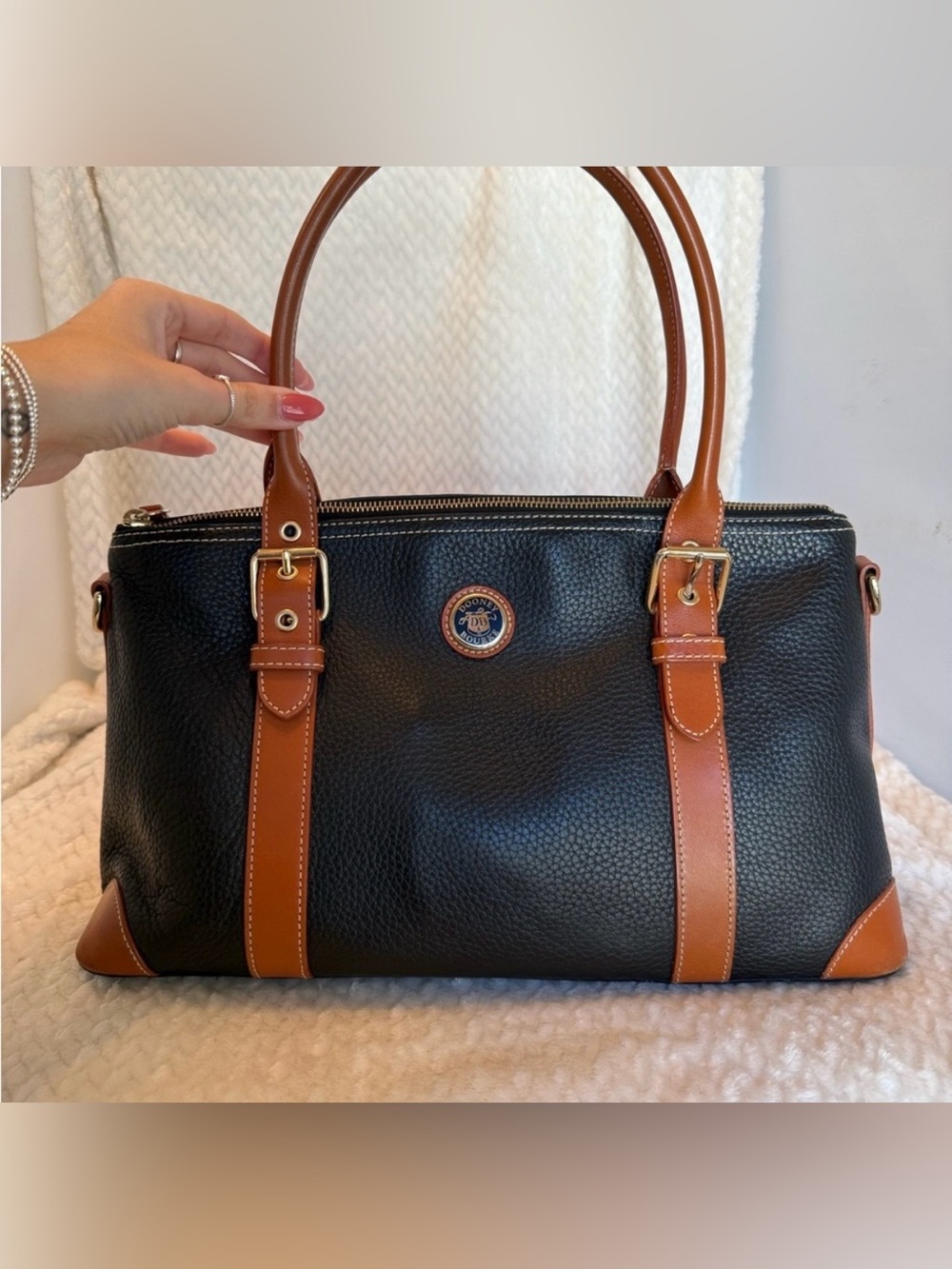 Dooney & Bourke Pebbled Leather Tote with Brown Trim